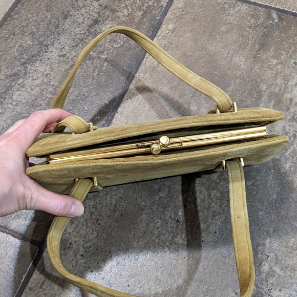 Vintage 60's Suede Structured Top Handle All Suede Satchel Bag Camel - Picture 6 of 10